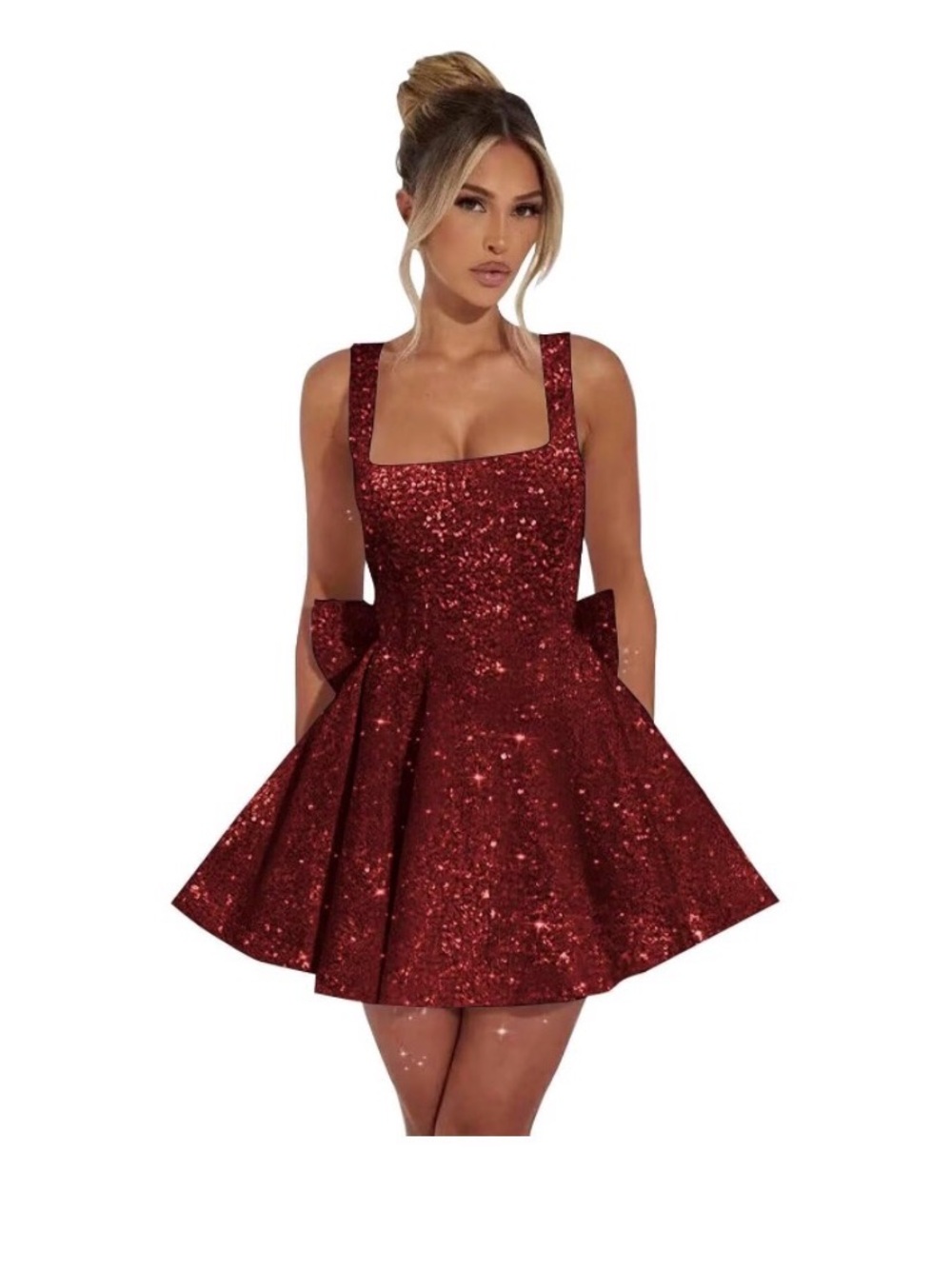 🩵 Sparkling Burgundy Square-Neck Party Dress